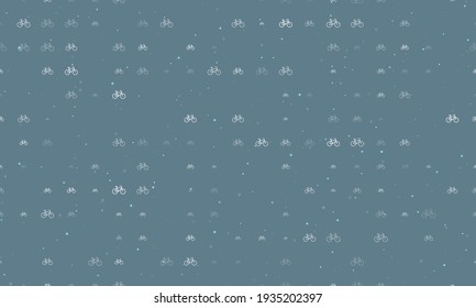 Seamless background pattern of evenly spaced white bicycle symbols of different sizes and opacity. Vector illustration on blue grey background with stars