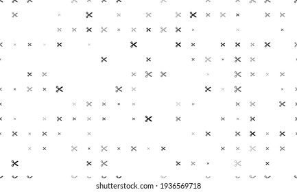 Seamless background pattern of evenly spaced black scissors symbols of different sizes and opacity. Vector illustration on white background