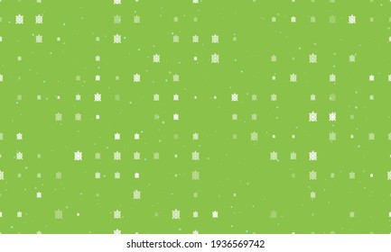 Seamless background pattern of evenly spaced white turtle symbols of different sizes and opacity. Vector illustration on light green background with stars