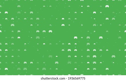 Seamless background pattern of evenly spaced white joystick symbols of different sizes and opacity. Vector illustration on green background with stars