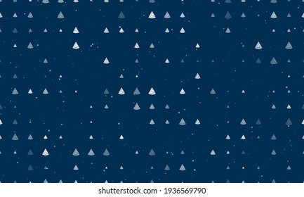 Seamless background pattern of evenly spaced white slice of pizzas of different sizes and opacity. Vector illustration on dark blue background with stars