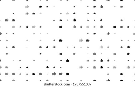Seamless background pattern of evenly spaced black thumb up symbols of different sizes and opacity. Vector illustration on white background