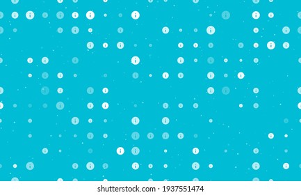 Seamless background pattern of evenly spaced white info symbols of different sizes and opacity. Vector illustration on cyan background with stars