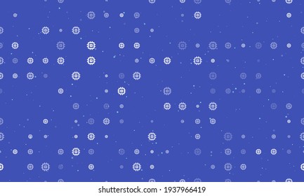 Seamless background pattern of evenly spaced white chip symbols of different sizes and opacity. Vector illustration on indigo background with stars
