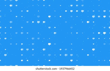 Seamless background pattern of evenly spaced white thumb down symbols of different sizes and opacity. Vector illustration on blue background with stars