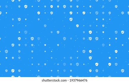 Seamless background pattern of evenly spaced white protection mark symbols of different sizes and opacity. Vector illustration on blue background with stars