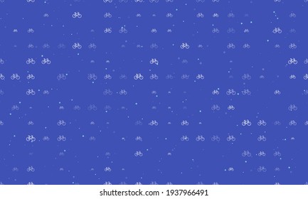 Seamless background pattern of evenly spaced white bicycle symbols of different sizes and opacity. Vector illustration on indigo background with stars