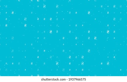 Seamless background pattern of evenly spaced white hryvnia symbols of different sizes and opacity. Vector illustration on cyan background with stars