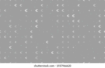 Seamless background pattern of evenly spaced white euro symbols of different sizes and opacity. Vector illustration on grey background with stars