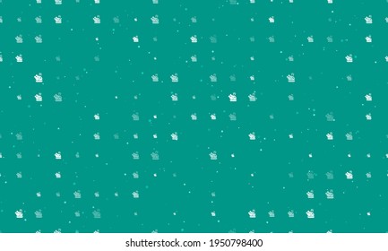 Seamless background pattern of evenly spaced white roasted turkeys of different sizes and opacity. Vector illustration on teal background with stars