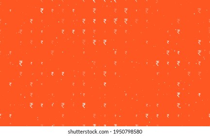 Seamless background pattern of evenly spaced white indian rupee symbols of different sizes and opacity. Vector illustration on deep orange background with stars