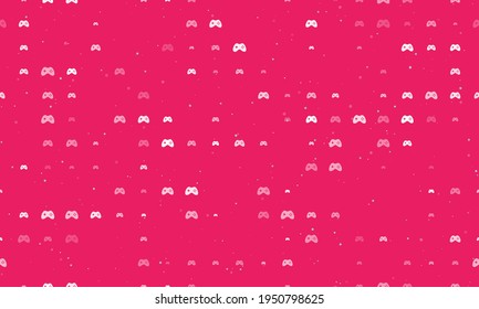 Seamless background pattern of evenly spaced white joystick symbols of different sizes and opacity. Vector illustration on pink background with stars