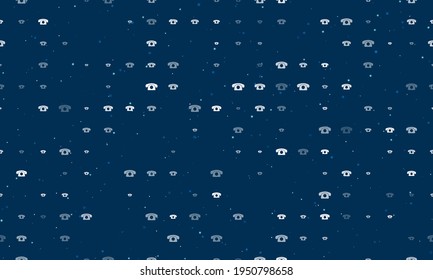 Seamless background pattern of evenly spaced white vintage telephone symbols of different sizes and opacity. Vector illustration on dark blue background with stars