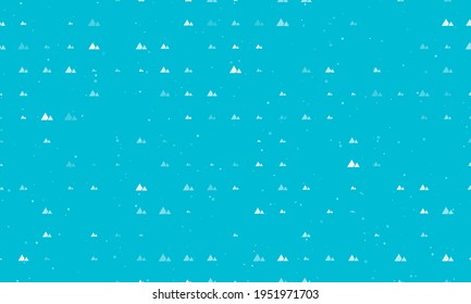 Seamless background pattern of evenly spaced white mountains symbols of different sizes and opacity. Vector illustration on cyan background with stars