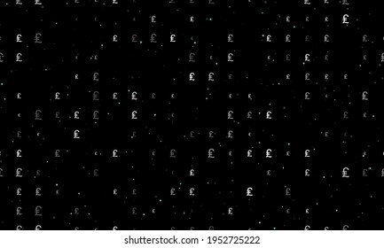 Seamless background pattern of evenly spaced white lira symbols of different sizes and opacity. Vector illustration on black background with stars