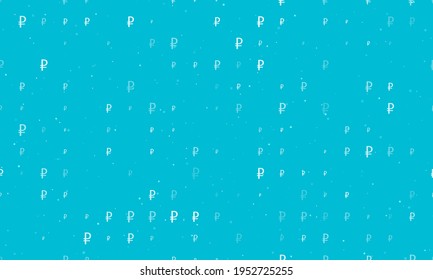 Seamless background pattern of evenly spaced white ruble symbols of different sizes and opacity. Vector illustration on cyan background with stars