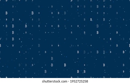 Seamless background pattern of evenly spaced white bitcoin symbols of different sizes and opacity. Vector illustration on dark blue background with stars