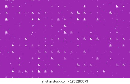 Seamless background pattern of evenly spaced white womens ice skates of different sizes and opacity. Vector illustration on purple background with stars