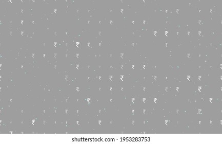 Seamless background pattern of evenly spaced white indian rupee symbols of different sizes and opacity. Vector illustration on grey background with stars