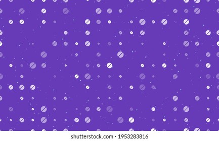 Seamless background pattern of evenly spaced white pill symbols of different sizes and opacity. Vector illustration on deep purple background with stars