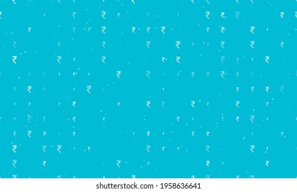 Seamless background pattern of evenly spaced white indian rupee symbols of different sizes and opacity. Vector illustration on cyan background with stars