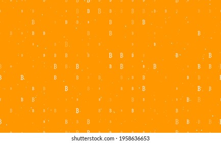 Seamless background pattern of evenly spaced white bitcoin symbols of different sizes and opacity. Vector illustration on orange background with stars
