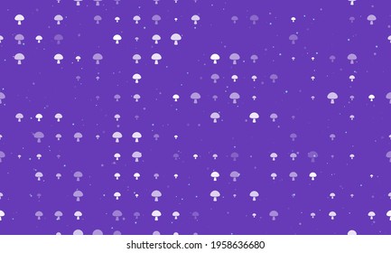 Seamless background pattern of evenly spaced white mushroom symbols of different sizes and opacity. Vector illustration on deep purple background with stars