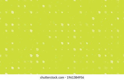 Seamless background pattern of evenly spaced white zodiac virgo symbols of different sizes and opacity. Vector illustration on lime background with stars