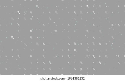 Seamless background pattern of evenly spaced white zodiac scorpio symbols of different sizes and opacity. Vector illustration on grey background with stars