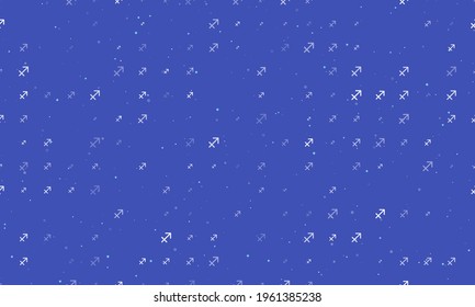 Seamless background pattern of evenly spaced white zodiac sagittarius symbols of different sizes and opacity. Vector illustration on indigo background with stars