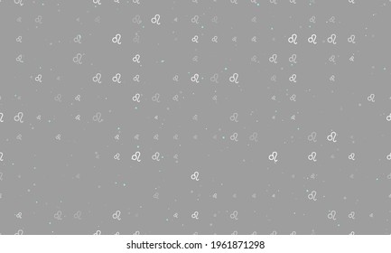 Seamless background pattern of evenly spaced white zodiac leo symbols of different sizes and opacity. Vector illustration on grey background with stars