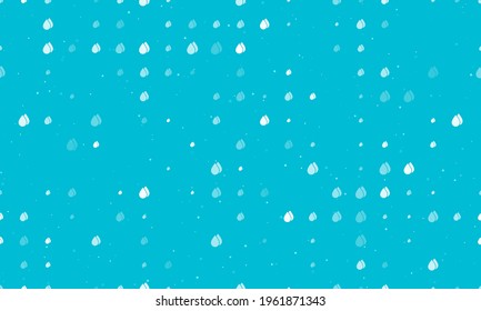 Seamless background pattern of evenly spaced white water drop symbols of different sizes and opacity. Vector illustration on cyan background with stars
