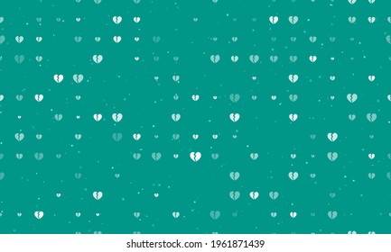 Seamless background pattern of evenly spaced white broken heart symbols of different sizes and opacity. Vector illustration on teal background with stars