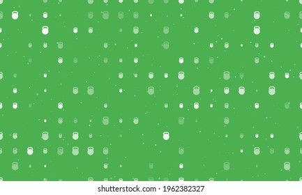 Seamless background pattern of evenly spaced white sports weight symbols of different sizes and opacity. Vector illustration on green background with stars