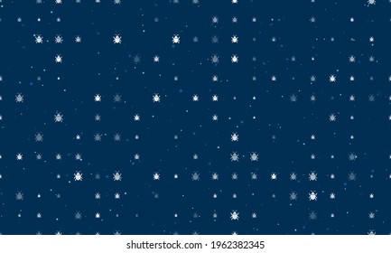 Seamless background pattern of evenly spaced white bug symbols of different sizes and opacity. Vector illustration on dark blue background with stars