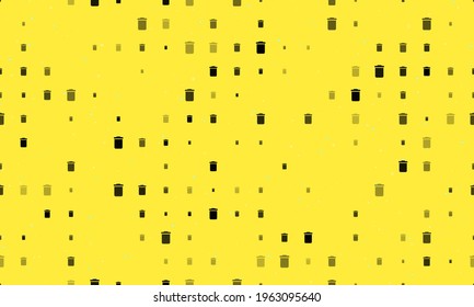 Seamless background pattern of evenly spaced black trash symbols of different sizes and opacity. Vector illustration on yellow background with stars