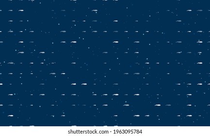 Seamless background pattern of evenly spaced white whale symbols of different sizes and opacity. Vector illustration on dark blue background with stars