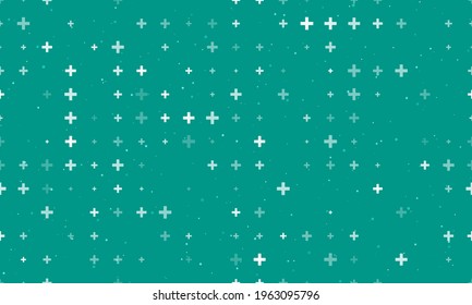 Seamless background pattern of evenly spaced white plus symbols of different sizes and opacity. Vector illustration on teal background with stars