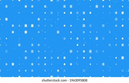 Seamless background pattern of evenly spaced white turtle symbols of different sizes and opacity. Vector illustration on blue background with stars