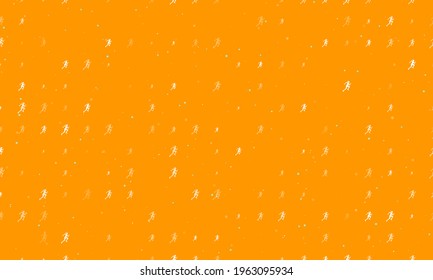 Seamless background pattern of evenly spaced white running woman symbols of different sizes and opacity. Vector illustration on orange background with stars