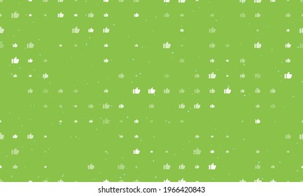 Seamless background pattern of evenly spaced white thumb up symbols of different sizes and opacity. Vector illustration on light green background with stars