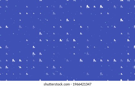 Seamless background pattern of evenly spaced white womens ice skates of different sizes and opacity. Vector illustration on indigo background with stars