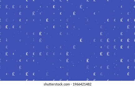 Seamless background pattern of evenly spaced white lira symbols of different sizes and opacity. Vector illustration on indigo background with stars