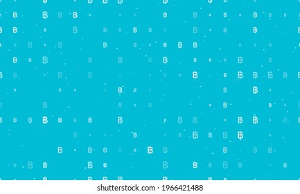 Seamless background pattern of evenly spaced white thai baht symbols of different sizes and opacity. Vector illustration on cyan background with stars