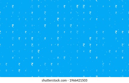 Seamless background pattern of evenly spaced white indian rupee symbols of different sizes and opacity. Vector illustration on light blue background with stars