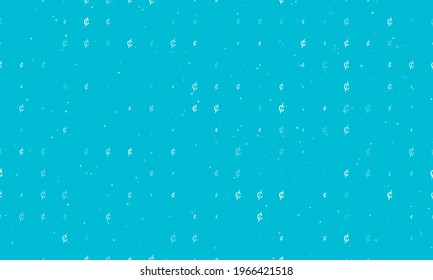 Seamless background pattern of evenly spaced white cent symbols of different sizes and opacity. Vector illustration on cyan background with stars