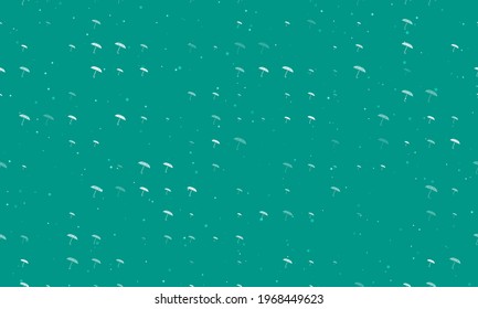 Seamless background pattern of evenly spaced white umbrella symbols of different sizes and opacity. Vector illustration on teal background with stars