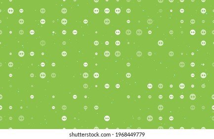 Seamless background pattern of evenly spaced white fast forward symbols of different sizes and opacity. Vector illustration on light green background with stars