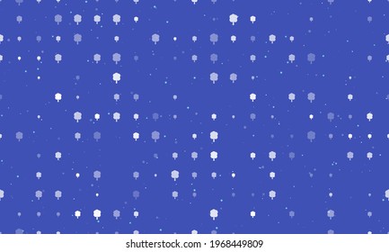 Seamless background pattern of evenly spaced white tree symbols of different sizes and opacity. Vector illustration on indigo background with stars