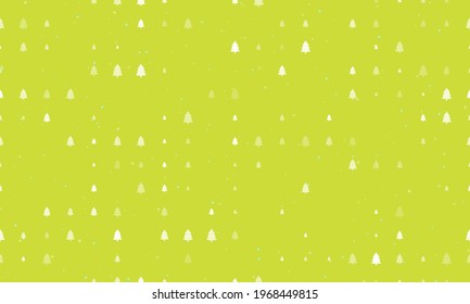 Seamless background pattern of evenly spaced white fir-tree symbols of different sizes and opacity. Vector illustration on lime background with stars